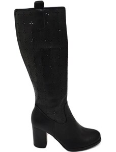 Malu Shoes Stivale estivo donna nero traforato con zip tacco alto largo 9 cm comodo al ginocchio punta tonda