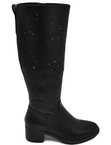 Malu Shoes Stivali donna alto punta tonda nero gambale forato al ginocchio tacco basso con gomma antiscivolo moda elegante