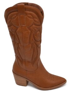 Malu Shoes Stivali donna camperos cuoio texani stile western con cuciture in rilievo fulmine tacco legno 5 cm con zip laterale