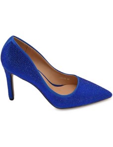 Malu Shoes Scarpe decollete donna in raso blu royal a punta completamente ricoperto di strass tinta unita tacco spillo 12 elegante