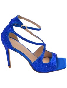 Malu Shoes Sandali tacco donna fascette in tessuto blu e strass tono su tono cinturino alla caviglia tacco a spillo comodo 12cm