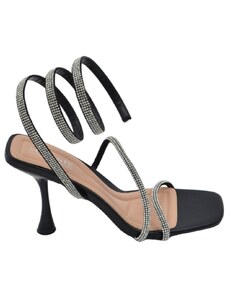Malu Shoes Sandali donna gioiello nero con tacco 10 cm serpente rigido che si attorciglia alla gamba regolabile brillantini