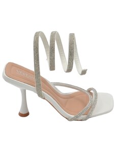 Malu Shoes Sandali donna gioiello bianco con tacco 10 cm serpente rigido che si attorciglia alla gamba regolabile brillantini