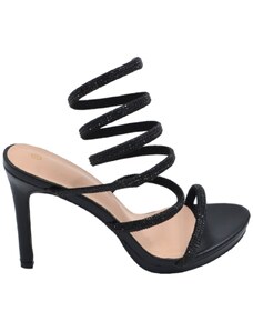Malu Shoes Sandali donna gioiello nero tacco 12 cm e plateau serpente rigido si attorciglia alla gamba regolabile brillantini
