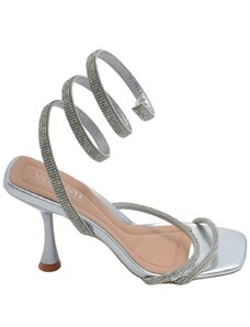 Malu Shoes Sandali donna gioiello argento con tacco 10 cm serpente rigido che si attorciglia alla gamba regolabile brillantini
