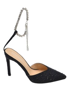 Malu Shoes Decollete' donna gioiello elegante in tessuto nero con strass tacco a spillo 12cm cinturino gioiello effetto nudo