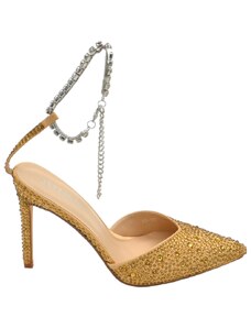 Malu Shoes Decollete' donna gioiello elegante in tessuto oro con strass tacco a spillo 12cm cinturino gioiello effetto nudo