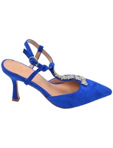 Malu Shoes Scarpe decollete donna punta slingback in raso blu applicazione di strass tacco a spillo basso 6cm chiusura caviglia