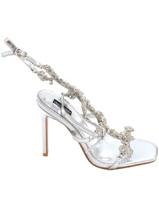 Malu Shoes Sandalo gioiello donna con tacco 12 argento inserti di strass luccicanti cinturino alla caviglia effetto piede nudo moda