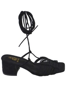 Malu Shoes Sandalo donna nero intrecciato in camoscio tacco basso largo comodo 4 cm lacci alla schiava moda linea basic cerimonia