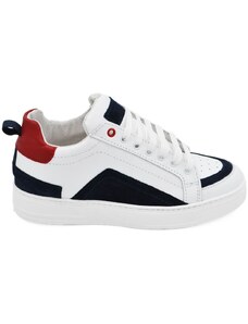 Malu Shoes Sneakers bassa uomo in vera pelle bianca con inserti di camoscio blu e pelle rossa fondo in gomma ultraleggera