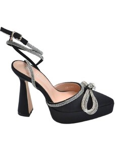 Malu Shoes Scarpe decollete donna gioiello nero argento in raso con plateau 3 cm e tacco alto 15 cm cinturino alla caviglia moda