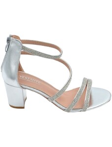 Malu Shoes Scarpe sandalo donna argento pelle con fasce a incrocio strass e chiusura con zip retro tacco largo comodo 5cm