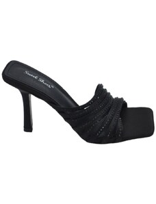Malu Shoes Sandalo gioiello donna nero tacco sottile 8cm in raso fasce sottili oblique con strass cerimonia evento open toe