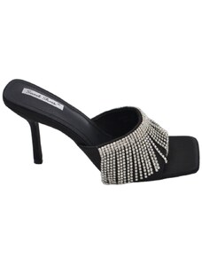Malu Shoes Sandalo gioiello nero donna tacco sottile 8 cm fascia larga con strass pendenti luccicanti cerimonia evento open toe