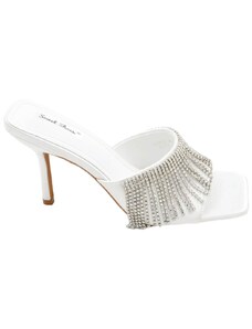 Malu Shoes Sandalo gioiello bianco donna tacco sottile 8 cm fascia larga con strass pendenti luccicanti cerimonia evento open toe