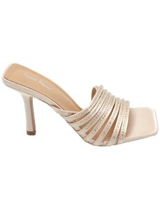 Malu Shoes Sandalo gioiello donna oro tacco sottile 8cm in raso fasce sottili oblique con strass cerimonia evento open toe