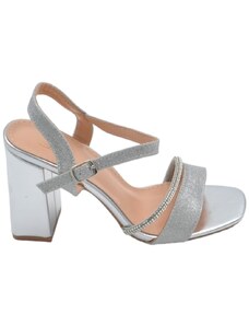 Malu Shoes Scarpe sandalo donna argento pelle con fasce a incrocio satinate e chiusura alla caviglia sling back tacco largo 5cm