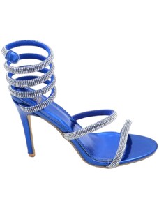 Malu Shoes Sandali donna gioiello blu tacco sottile 12 cm serpente rigido si attorciglia alla gamba argento regolabile brillantini