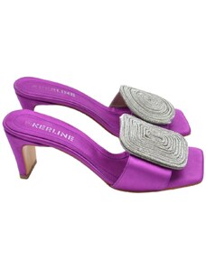 Malu Shoes Sandali donna tacco in raso viola tacco doppio 7 cm open toe disegno gioiello geometrico asimmetrico tondo quadrato