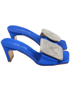 Malu Shoes Sandali donna tacco in raso blu tacco doppio 7 cm open toe disegno gioiello geometrico asimmetrico tondo quadrato