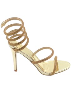 Malu Shoes Sandali donna gioiello oro tacco sottile 12 cm serpente rigido si attorciglia alla gamba oro regolabile brillantini