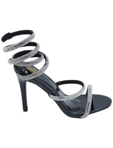 Malu Shoes Sandali donna gioiello nero tacco sottile 12 cm serpente rigido si attorciglia alla gamba argento regolabile brillantini