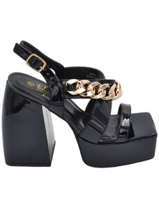 Malu Shoes Zeppa donna sandalo platform vernice nero catena oro oplateau alto 3 cm e tacco grosso 12 cm cinturino caviglia