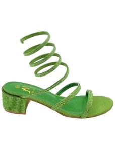Malu Shoes Sandali donna verdi con strass tacco largo basso 4 cm serpente rigido che si attorciglia alla gamba regolabile open toe