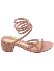 Malu Shoes Sandali donna oro rosa strass tacco largo basso 4cm serpente rigido che si attorciglia alla gamba regolabile open toe