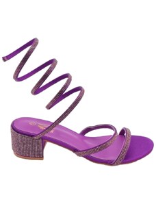 Malu Shoes Sandali donna viola con strass tacco largo basso 4 cm serpente rigido che si attorciglia alla gamba regolabile open toe