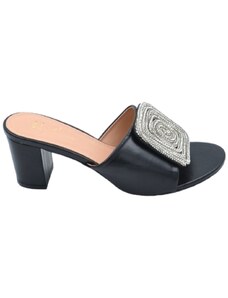 Malu Shoes Sandali donna mules pantofola tacco quadrato basso aperto dietro pelle nero con gioiello quadrato in punta