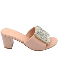 Malu Shoes Sandali donna mules pantofola tacco quadrato basso aperto dietro pelle beige nude gioiello quadrato in punta