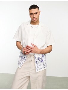 ASOS DESIGN - Camicia comoda in misto lino color fungo con stampa sui bordi e rever pronunciato-Bianco