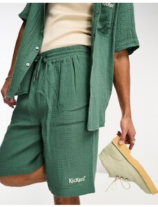 Kickers - Pantaloncini verdi ampi in mussola allacciati in vita con logo ricamato in coordinato-Verde