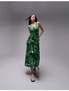 Topshop - Vestito midi scamiciato verde a fiori con tasche e incrocio sul retro