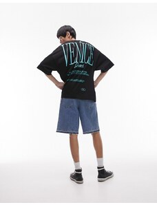 Topman - T-shirt super oversize nera con ricamo "Venice" davanti e dietro-Nero