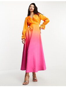 Flounce London - Vestito lungo a maniche lunghe rosa e arancione sfumato-Multicolore