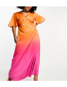 Flounce London Plus - Vestito lungo rosa e arancione sfumato con scollo profondo e maniche con volant-Multicolore