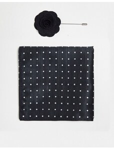 French Connection - Set con fazzoletto da taschino nero a pois e spilla per rever-Black