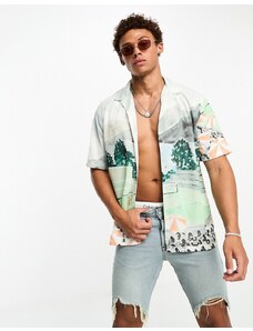 Abercrombie & Fitch - Camicia a maniche corte in rete multicolore con rever e stampa di paesaggio