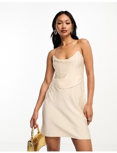 ASOS DESIGN - Vestito corto stile sottoveste a fascia con dettaglio a corsetto a contrasto color ostrica-Bianco