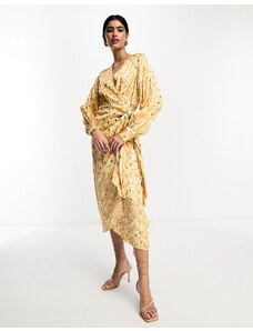Never Fully Dressed - Vestito midi a portafoglio in raso oro pastello misto-Multicolore