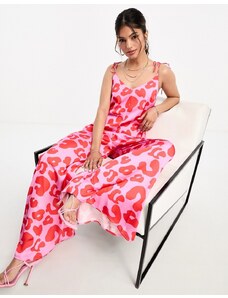 Never Fully Dressed - Tuta jumpsuit a fondo ampio rosa e rossa leopardata
