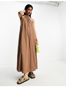 ASOS DESIGN - Vestito lungo in cotone marrone cioccolato con dettaglio in gros grain-Brown
