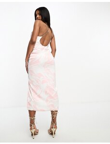 Simmi Clothing Simmi - Vestito midi arricciato davanti in raso rosa e multicolore con strass