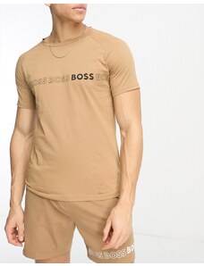 BOSS Bodywear BOSS Swimwear - T-shirt da spiaggia slim beige con logo centrale-Neutro