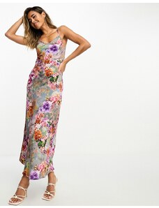 AllSaints - Bryony - Vestito sottoveste midi in raso a fiori multicolore