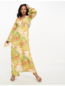 Never Fully Dressed - Vestito lungo a pieghe con stampa tropicale in tonalità del tramonto e scollo profondo-Multicolore