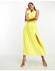 ASOS DESIGN - Vestito lungo senza maniche in raso giallo acceso a pieghe con dettagli arricciati